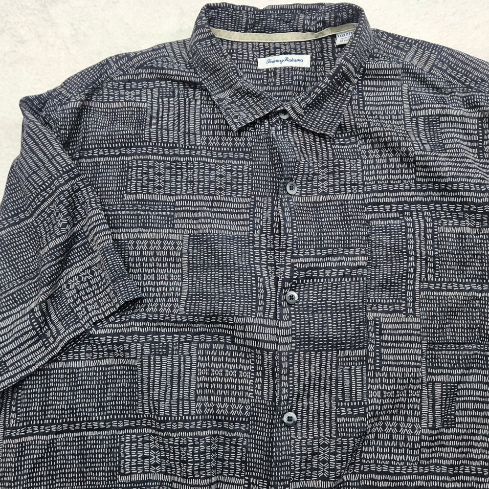 Tommy Bahama Mens 3XL Navy Blue Geometric Dash Print Cotton Silk Button Shirt
